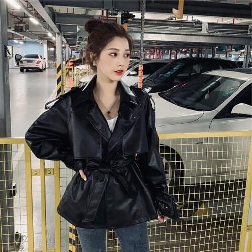Coat Womens Spring Autumn PU Leather Korean Oversize Female Jacket Clothes Windbreaker 2020 PH099.2