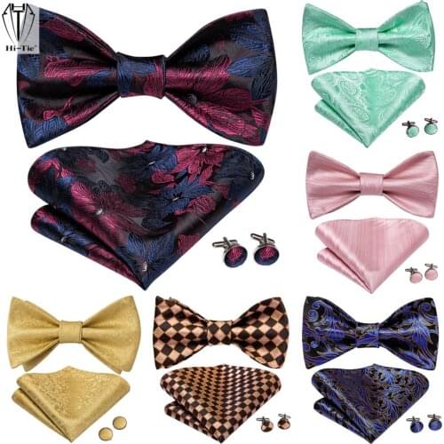 Adjustable Bowties Self Bow Tie Set Mens 100% Silk Jacquard Woven Men Classic Male Bow Ties Hankerchief Cufflinks Multi-Colors