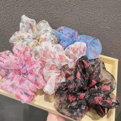 Fashion Oversided Organza Floral Hair Tie For Girl Woman Sweet Hair Rubber Band Soft Scrunchies Ornament Hair Rope Accessories