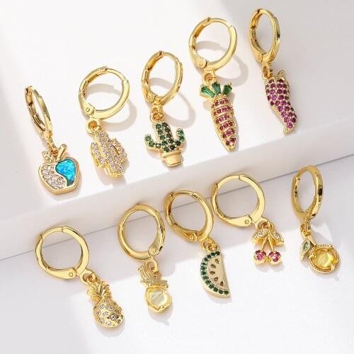 Fruit Earrings for Women Gold Cherry Dangle Earrins Bling Micro Pave Zircon CZ Cute Earring Trendy Punk Party New Fashion 2021