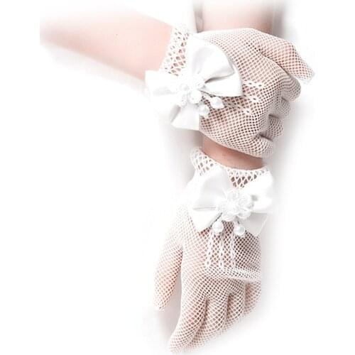 Beauty Pearl Wedding Gloves for Girls Mesh Evening Childrens Holiday Accessories with Halloween Day Birthday Bow Performance Gl