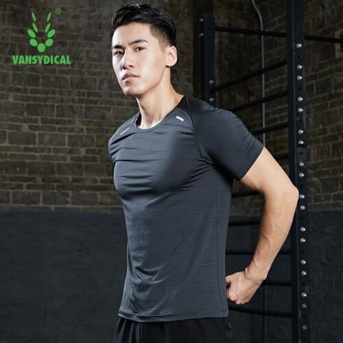 VANSYDICAL Runnning Shirt Men Gym T Shirt with Reflective Striped Fitness Quick Dry Sports Active Wear Workout Shirt Polyester