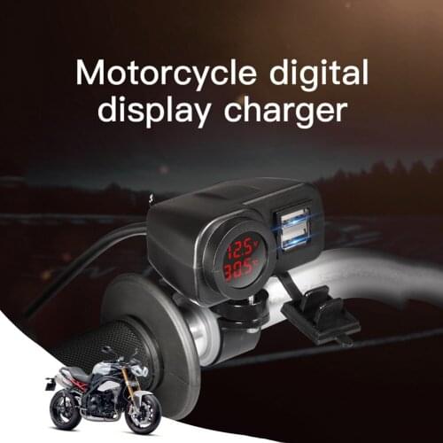 Waterproof Dual USB Charger Motorcycle Handlebar Clamp Power Adapter with 12V Digital Voltmeter Thermometer Accessories