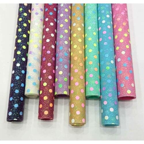 Colorful Polka Dot Printed Shiny Fine Glitter Faux Leather Fabric Sheet Material for Shoe/Bag/Hair bow/Headband/Craft