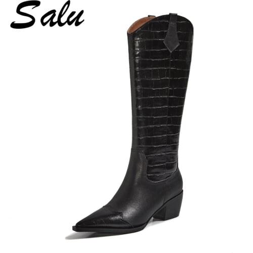 Salu 2020 Concise Fashion Female Knee High Boots Genuine leather Thick High Heels fashion Winter Party Casual Shoes Woman