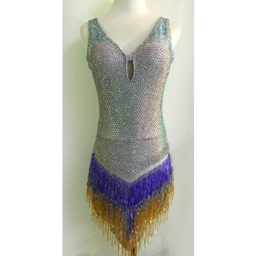 New style latin dance costume sexy diamond Deep V neck latin dance dress for women latin dance competition dresses F78 S-4XL