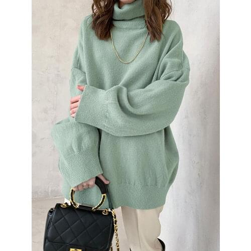 BerryGo Office turtleneck green knitted sweater women Casual loose autumn winter female pullover Elegant drop-shoulder jumpers