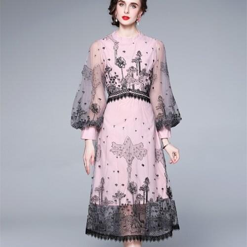 Spring Women Luxury Designer Splicing Embroidery Mesh Pink Dress High-End Femme Lantern Long Sleeve Banquet Dress Vestidos