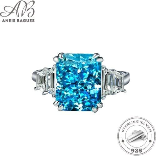 Aneis Bagues 100% 925 Sterling Silver Sparkling High Carbon Diamondm 8*10 MM Aquamarine Wedding Rings For Women Fine Jewelry
