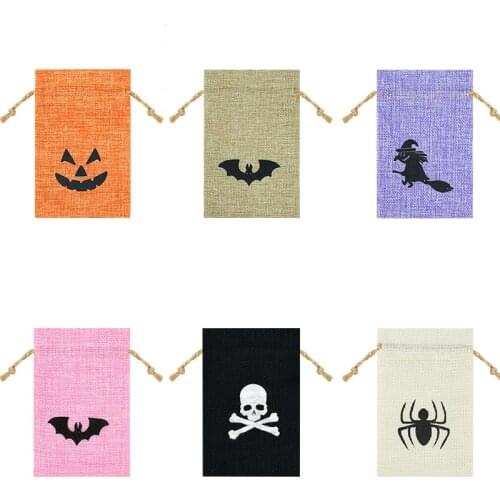 5pcs/lot Bat Pumpkin Head Printed Linen Bag For Halloween Party Decoration Halloween Candy Packaging Bag Gifts For Children