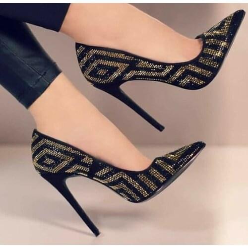 EMMA KING Pointed Toe Sexy Thin High Heels Female Sandals Pumps Slip-On Wedding Party Rhinestones Dress Shoes Plus Size 43