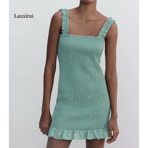 Summer Green Dress Women Solid Ruched Strap Dress Sleeveless Backless Female Chic Slim Mini Dress Vestidos BB131