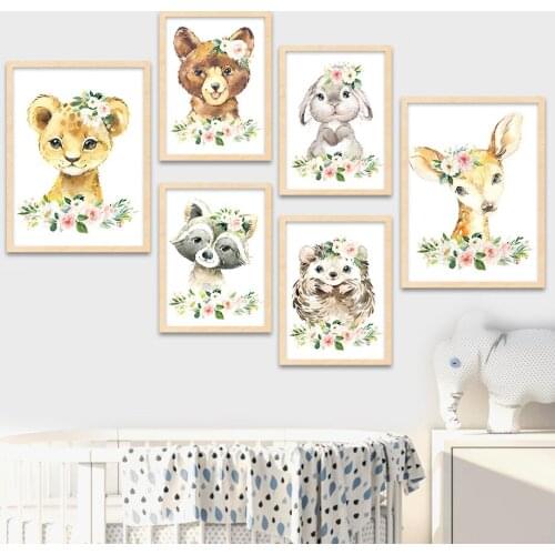 Deer Rabbit Hedgehog Fresh Flower Animal Wall Art Canvas Painting Nordic Posters And Prints Wall Pictures Baby Kids Room Decor