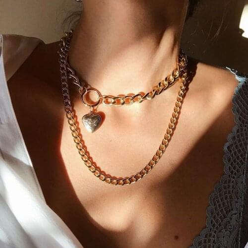 Mveifol Punk Big Thick Chain Heart Locket Necklace for Women Chunky Layered Cuban Link Chain Necklace Choker Statement Jewelry