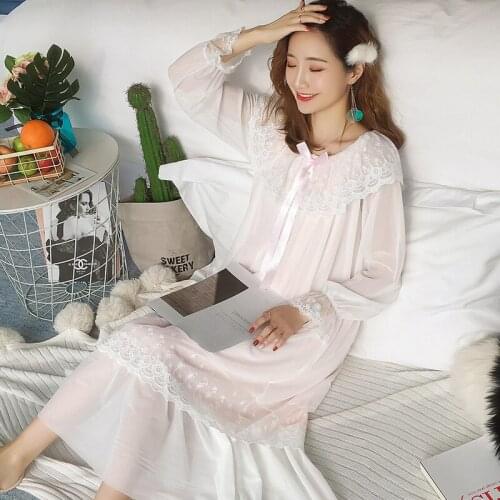 Long Sleeve Lace Women Nightgown Palace Loose Nightdress Female Fairy Pure Cotton Net Yarn Spring Autumn Princess Dress