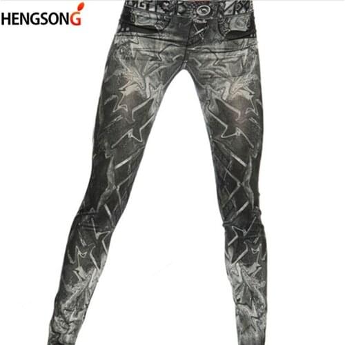 New Slim False Imitation Jeans Fitness Leggins Women Denim Leggings Nine Pants Leggings Black One Size