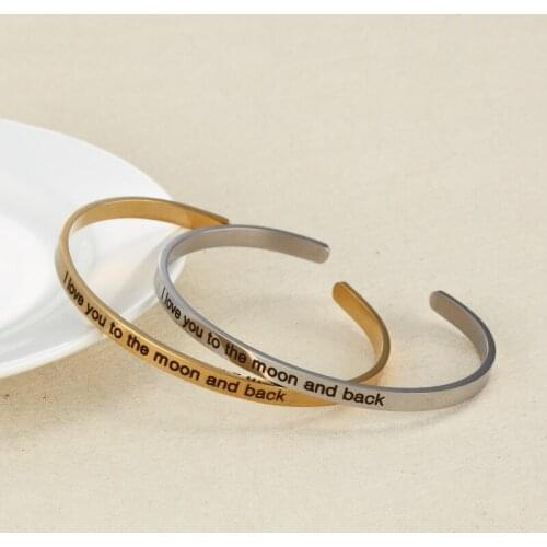 New 4mm Stainless Steel Bar Engraved I love you to the moon and back Inspirational Quote Cuff Mantra Bracelet Bangle For Men