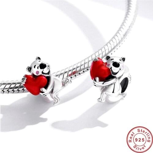 Original 925 silver polar bear beads with red love enamel charm fit brand bracelet woman jewelry diy European bangle