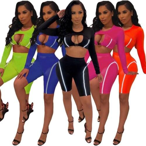 Sexy Women 2020 Two Pieces Set Long Sleeve Cut Out Button Top And Shorts Set Summer Sporty Tracksuits Plus Size Outfits