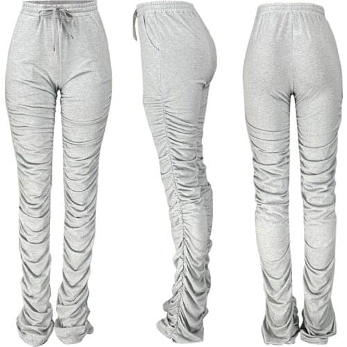 Drawstring Casual Extra Long Gray Pants for Women Female Stacked Sweatpants Skinny Flare Pleated Stacked Leggings Trousers