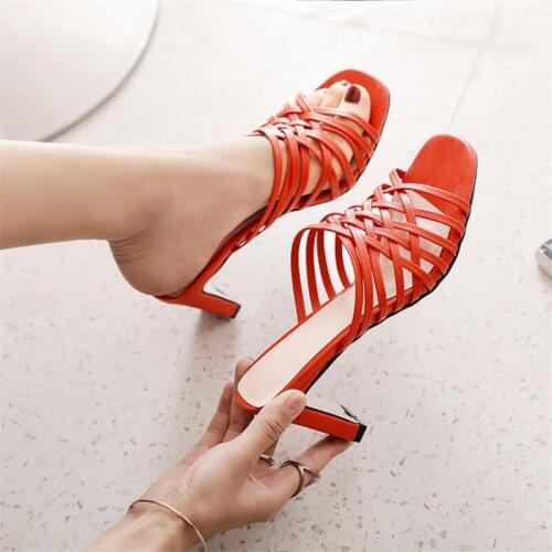 PXELENA Narrow Band Women Slides Outdoor Hollow Out High Heels Sandals Fashion Rome Summer Slippers White Orange 2019 Plus Size