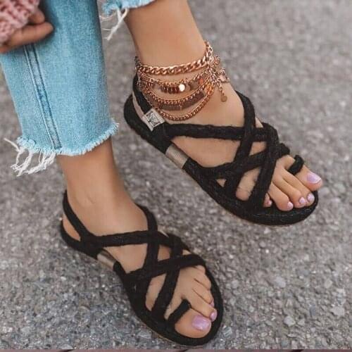 Women Gladiator Thong Hemp Sandals Female Summer Fashion Casual New Flat Ladies Cross Tied Solid Shoes Plus Size 35-43
