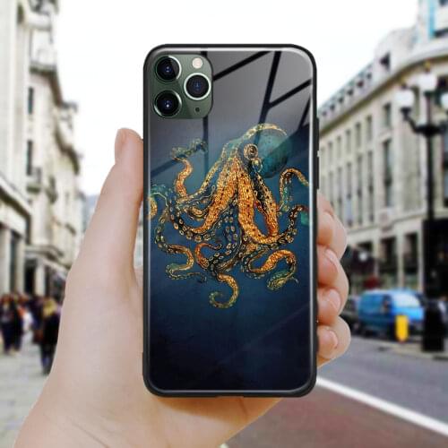 Nordic Abstract Nature octopus Soft Silicone Glass Phone Case Cover Shell For iPhone SE 6 6s 7 8 Plus X XR XS 11 12 Mini Pro Max