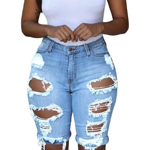Womens Jeans Elastic Destroyed Hole Hollow Leggings Short Pants Denim Shorts Bodycon Ripped Jeans Plus Size Denim Shorts 2021