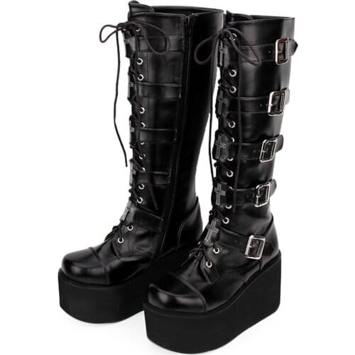 Womens Round Toe Cross Decor Genuine Leather Knee Thigh High Boots Platform Wedge Heel Punk Japanese Harajuku Gothic Shoes