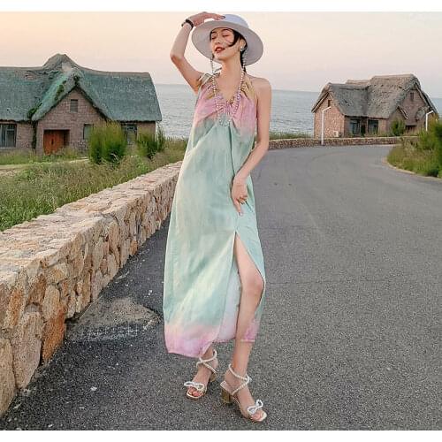 Women Long Slip Dress Sundress Summer 2021 Runway Backless Korean Fairy Casual Sea Beach Vacation Party Night Halter Dresses New