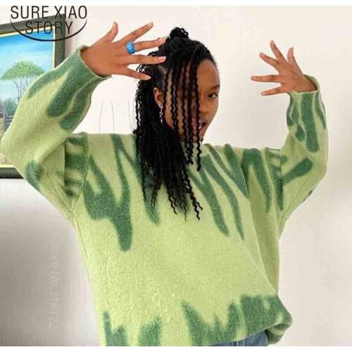 Winter O-Neck Loose Long Sweaters Streetwear Warm Outerwear Sweaters Elegant Green Striped Print Oversized Pullovers Women 16672