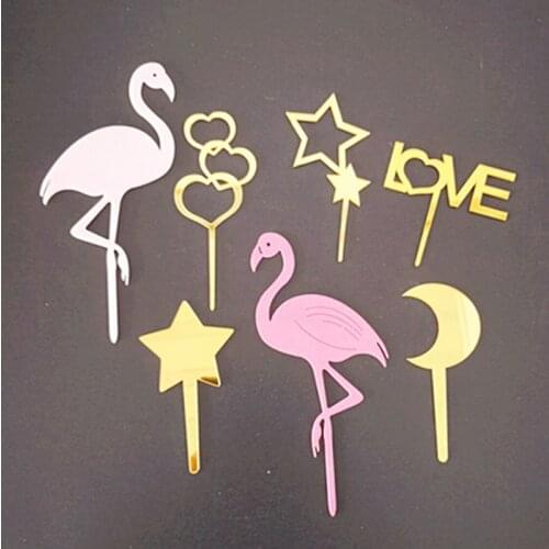 1pc Gold Acrylic Cake Topper Star Heart Love Cupcake Topper For Kids Birthday Flamingo Party Wedding Cake Decorations Supplies
