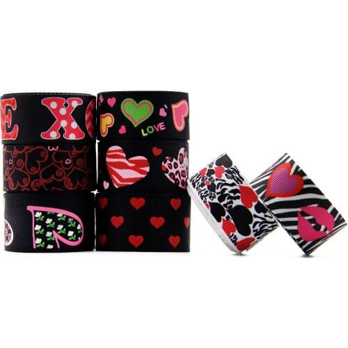 8Yards/set Valentine Heart Stripe Love Printed Black Grosgrain Satin Ribbon Roll Sets For Hair Bows DIY Handmade Materials
