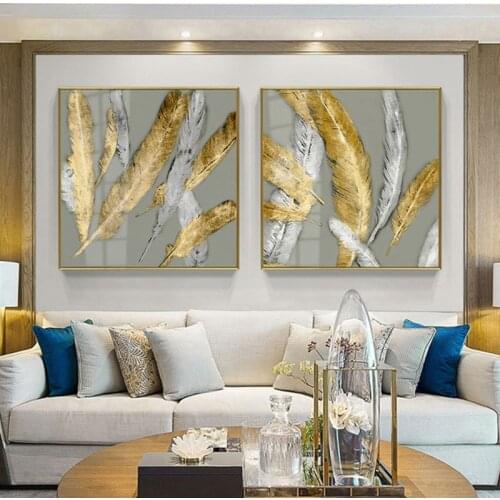 White and Golden Bird Feather Wall Poster Nordic Abstract Canvas Painting Scandinavian Home Living Room Sofa Decoration Picture