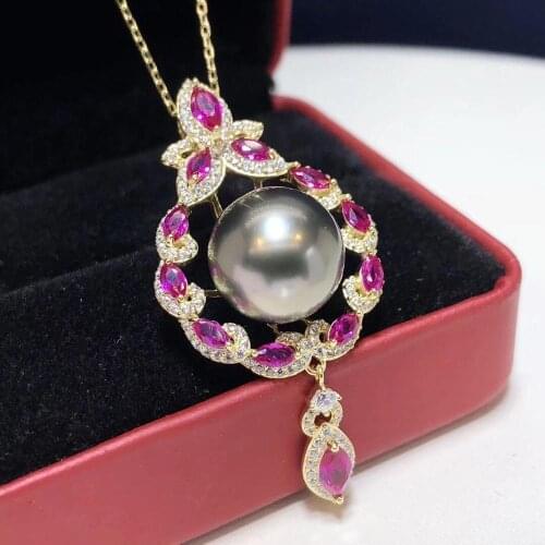 D116 Fine Jewelry 925 Sterling Silver Natural Ocean Sea Tahiti Pearl 12-13mm Pendant Necklaces for Women Fine Pearls Pendants