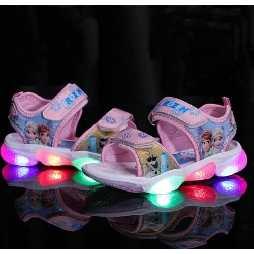 Disney Summer Children LED Light Shoes Baby Girls Sandals Cartoon Frozen Anna Elsa Beach Soft Hollow Non-Slip Kids Breathable