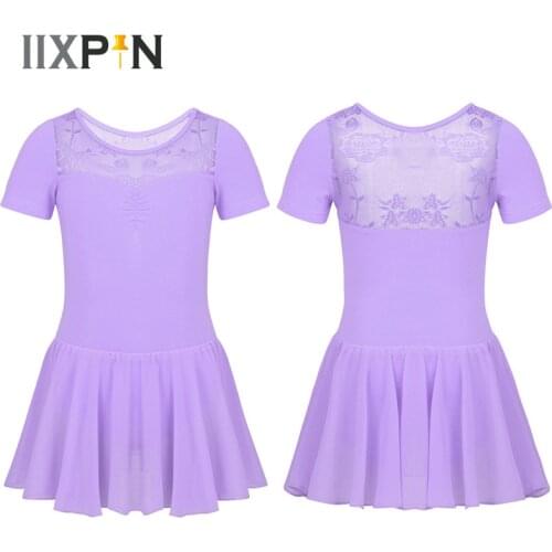 IIXPIN Kids Girls Ballet Dance Costume Short Sleeves Floral Lace Splice Back Gymnastics Leotard Chiffon Ballet Dancing Dress