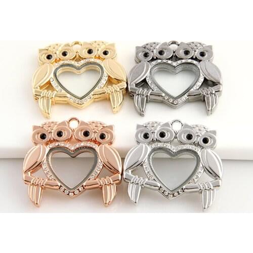 10pcs/lot SHUYANI Mix Color Rhinestone Heart Owl Shape Necklace Pendant Glass Floating Locket for Women Gifts