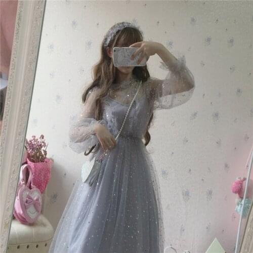 Sweet lolita dress fairy wedding dress jsk+stars gray blue mesh kawaii girl two piece suit gothic lolita sets loli cos