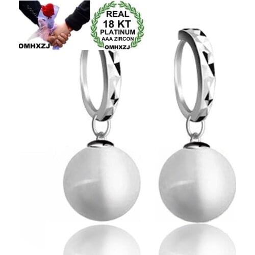 OMHXZJ Wholesale Personality Fashion OL Woman Girl Party Wedding White Round Opal 18KT White Gold Earrings YE299