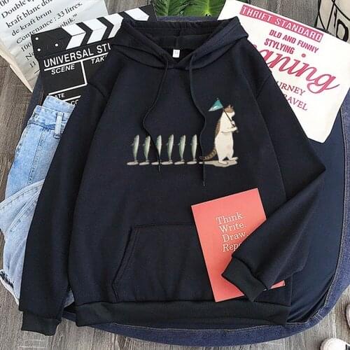 2021 Autumn and Winter Korean Sweatshirt for Men and Women Interesting Cat and Fish Long Sleeve Hoodie Oversized Pullovers