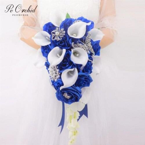 PEORCHID Royal Blue Cascade Wedding Bouquet flowers For Bridesmaid Trouw Boeket Crystal Brooch Bridal Hand Bouquet Waterfall