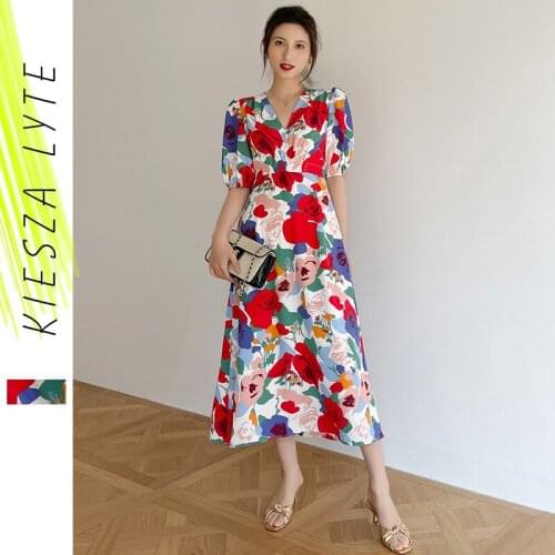 Elegant Women 2021 Summer Dress France V Neck Bubble Sleeve Printed Holiday Style Slim Red Colorful Dresses Vestidos de fiesta
