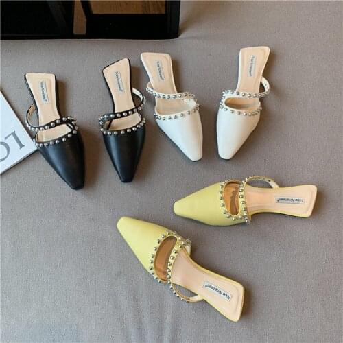 Slippers For Women Outdoor Wear 2021 Summer Sandals New Style Rivet Flat Mules Shoes Pointed Riveting Nail Lazy Half Slippers