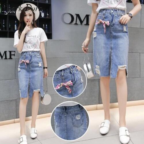 SparkDora Fashion Jeans Hole Skirts Women 2020 Spring High Waist S Pack Hip Skirts Split Denim skirt casual a-line