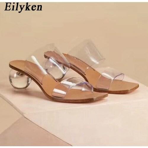 Eilyken 2021 New Women Slipper Summer Crystal Heel Women Beach Slippers Transparent PVC Sandals Square Toe Slides size 41 42 43