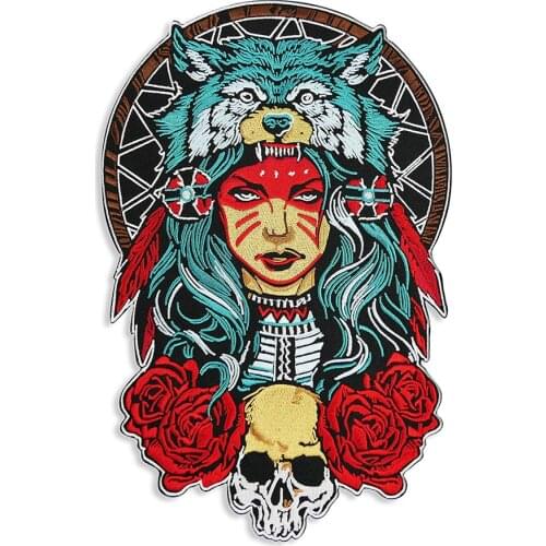 Female Forest Wolf Skull Embroidered Patches Back Size Cool Fashion Rose Applique DIY for Jacket Tshirts High Quality Custom