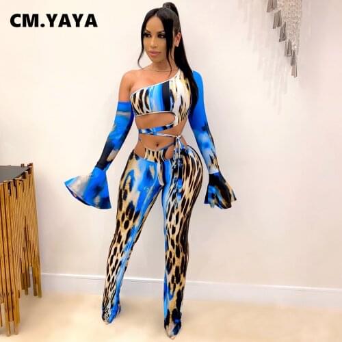 CM.YAYA Sexy Club Party Leopard Womens Set Flare Long Sleeve Crop Tops Flare Pant Set Active Tracksuit Fitness Two Piece Outfit