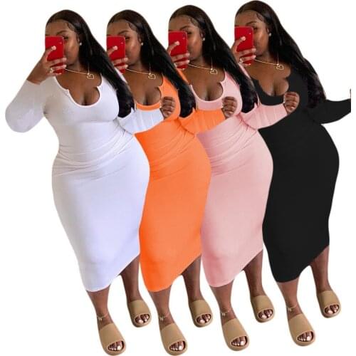 Women 2021 Autumn Fall Sexy V Neck Long Sleeve Bodycon Dress Ladies Casual Club Party Skinny White Orange Dresses Plus Size 4XL