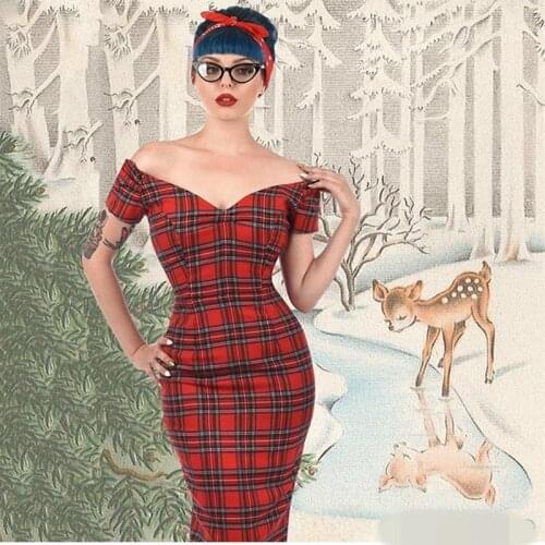 40- summer women vintage 50s tartan boat neck off shoulder wiggle pencil dress in red pinup vestidos plus size dresses jurken